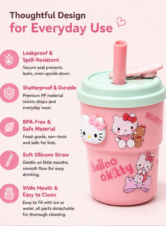 insular Kids Water Bottle 420ml Cute Cat Design, Leakproof Shatterproof Straw Cup with Silicone Straw, BPA-Free Portable Drinking Bottle for School Travel Sports, Pink Cat Water Bottle for 3+ Years Girls - Image 5