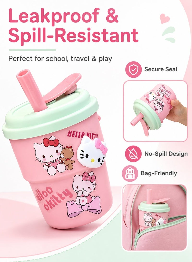 insular Kids Water Bottle 420ml Cute Cat Design, Leakproof Shatterproof Straw Cup with Silicone Straw, BPA-Free Portable Drinking Bottle for School Travel Sports, Pink Cat Water Bottle for 3+ Years Girls - Image 3