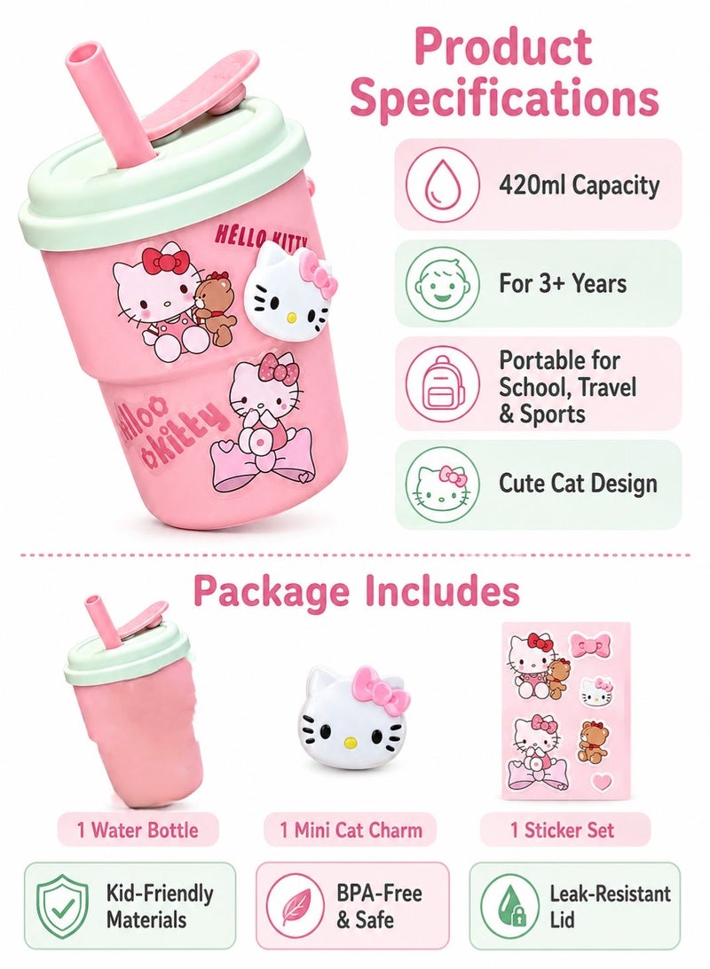 insular Kids Water Bottle 420ml Cute Cat Design, Leakproof Shatterproof Straw Cup with Silicone Straw, BPA-Free Portable Drinking Bottle for School Travel Sports, Pink Cat Water Bottle for 3+ Years Girls - Image 2