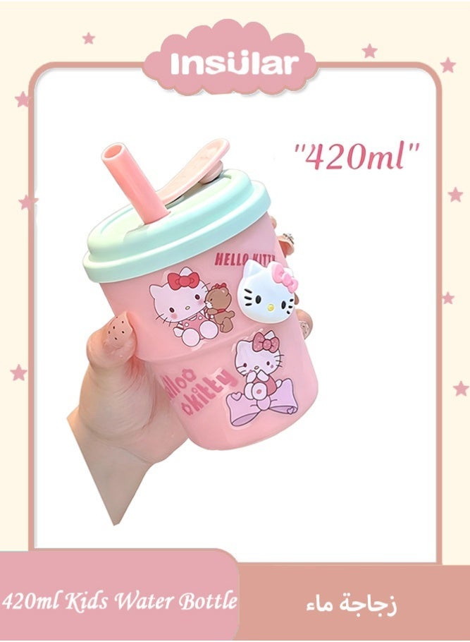 insular Kids Water Bottle 420ml Cute Cat Design, Leakproof Shatterproof Straw Cup with Silicone Straw, BPA-Free Portable Drinking Bottle for School Travel Sports, Pink Cat Water Bottle for 3+ Years Girls - Image 1