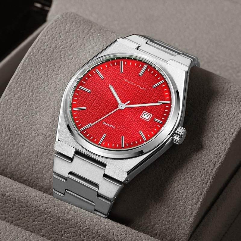 SWADESI STUFF Mens Stainless Steel Date Display Red Dial Analogue Wrist Watch (), Band Color-Silver - Image 2