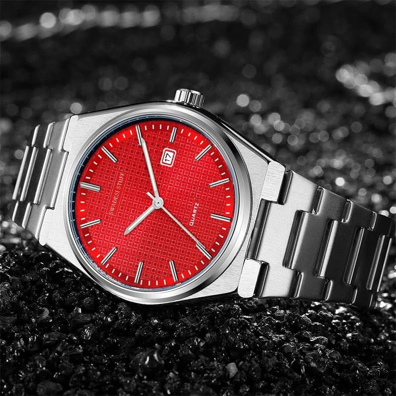SWADESI STUFF Mens Stainless Steel Date Display Red Dial Analogue Wrist Watch (), Band Color-Silver - Image 3