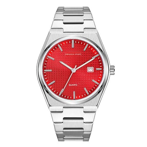 SWADESI STUFF Mens Stainless Steel Date Display Red Dial Analogue Wrist Watch (), Band Color-Silver - Image 1