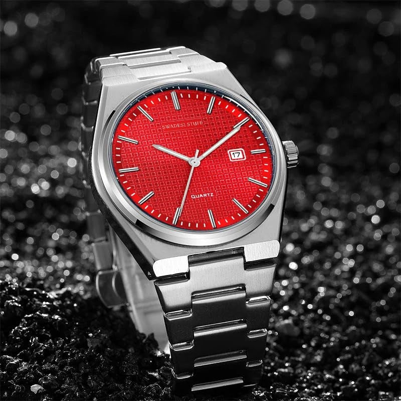 SWADESI STUFF Mens Stainless Steel Date Display Red Dial Analogue Wrist Watch (), Band Color-Silver - Image 4