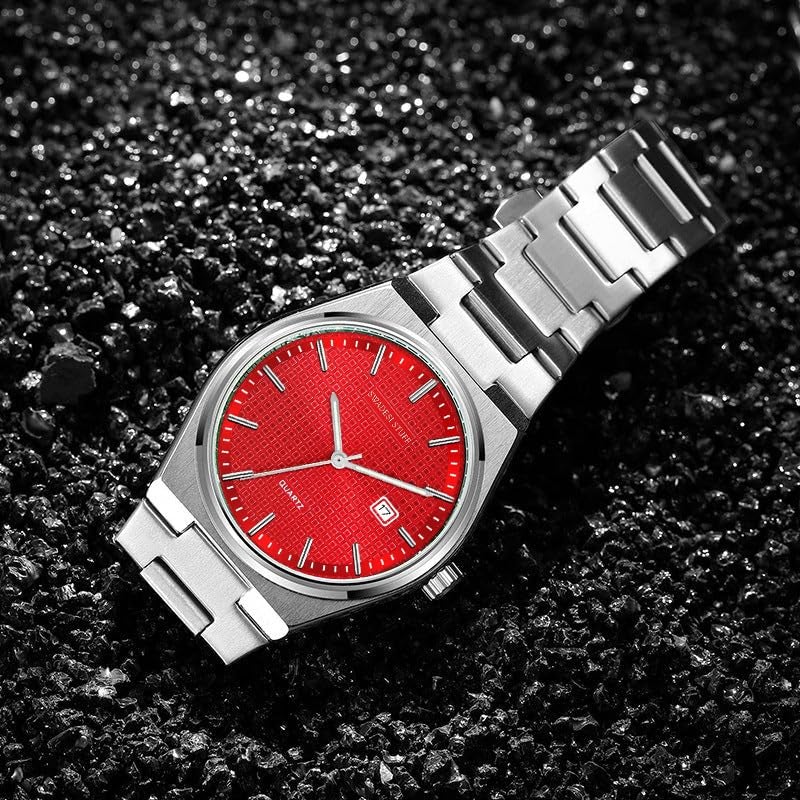SWADESI STUFF Mens Stainless Steel Date Display Red Dial Analogue Wrist Watch (), Band Color-Silver - Image 5