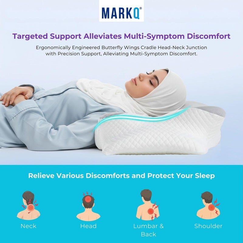 MARKQ وسادة cervical من الذاكرة 2 في 1 - وسادة طبية بتصميم مريح لتخفيف آلام الرقبة | للذين ينامون على الجانب والظهر والبطن | دعم مزدوج الارتفاع، أبيض-رمادي - Image 4