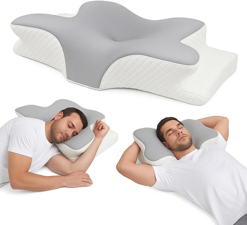 MARKQ وسادة cervical من الذاكرة 2 في 1 - وسادة طبية بتصميم مريح لتخفيف آلام الرقبة | للذين ينامون على الجانب والظهر والبطن | دعم مزدوج الارتفاع، أبيض-رمادي - Image 1