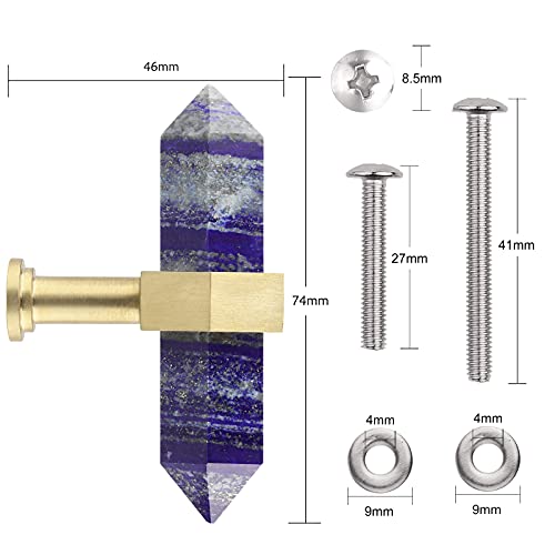 mookaitedecor Set of 2 Lapis Lazuli Double Crystal Points Drawer Knobs with Screws Decorative Stone Cabinet Handle Pulls for Dresser Cupboard Kitchen Decor Brushed Brass - Image 3