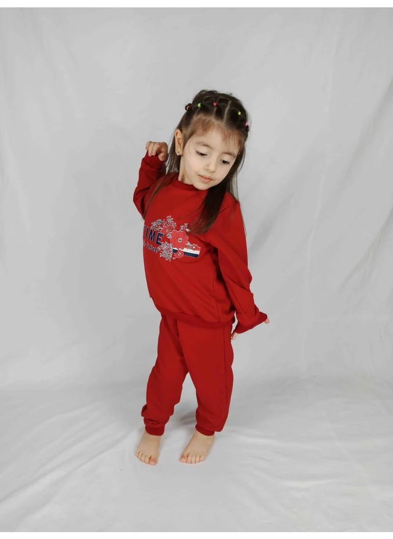 بلونس Girl's Red Printed Cotton Tracksuit Set