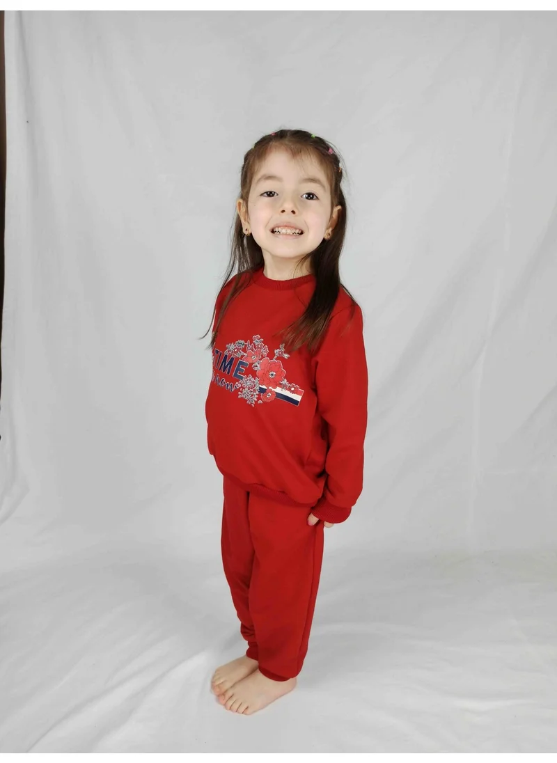 بلونس Girl's Red Printed Cotton Tracksuit Set