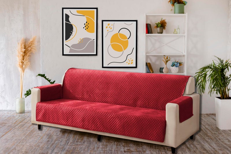 KINGLY Velvet Quilted Universal Elastic Sofa Cover Non-Slip Sofa Protector 5 Seater Armchair Cover with Machine Washable Adjustable Elastic Straps (3+2 Seater) (Maroon Red) - Image 5
