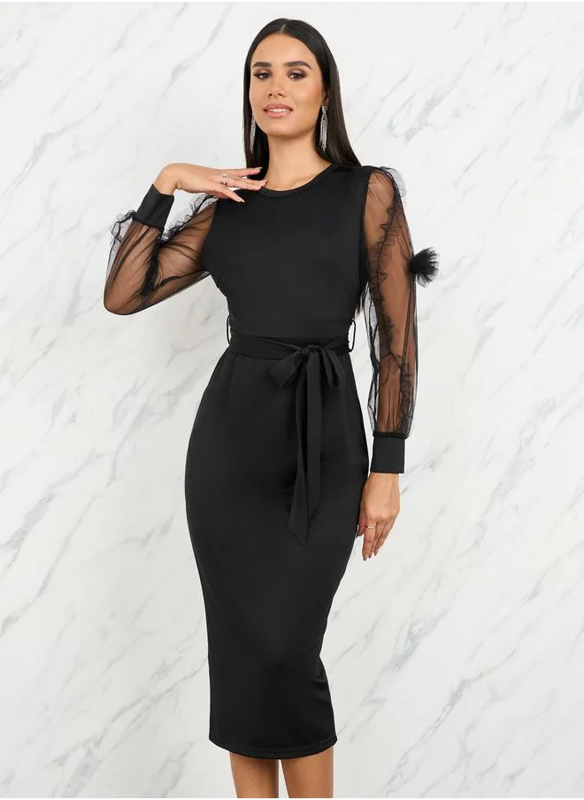 Styli Floral Applique Mesh Sleeves Bodycon Midi Dress with Self Tie Up