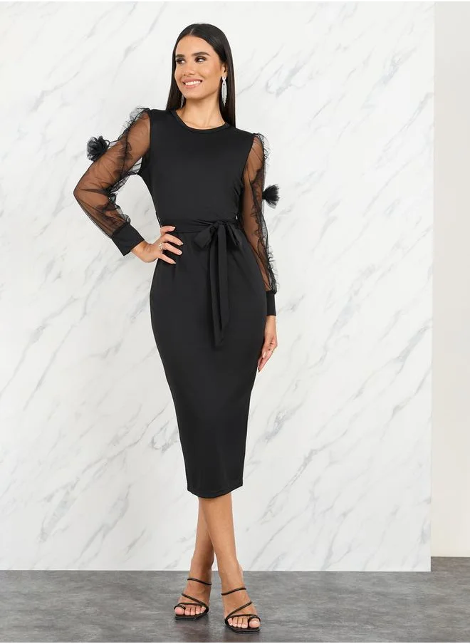 Styli Floral Applique Mesh Sleeves Bodycon Midi Dress with Self Tie Up