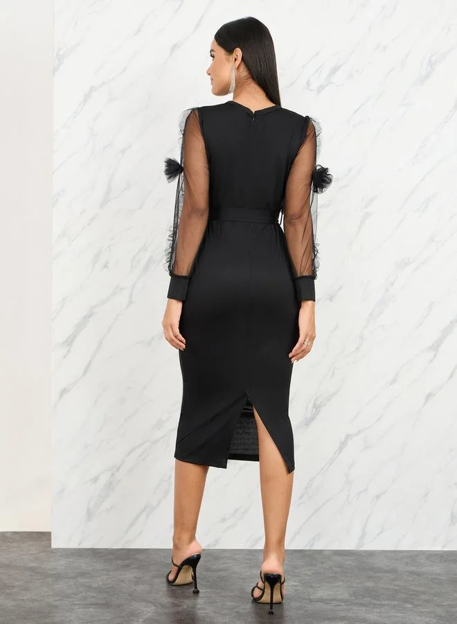 تايك تو Floral Applique Mesh Sleeves Bodycon Midi Dress with Self Tie Up
