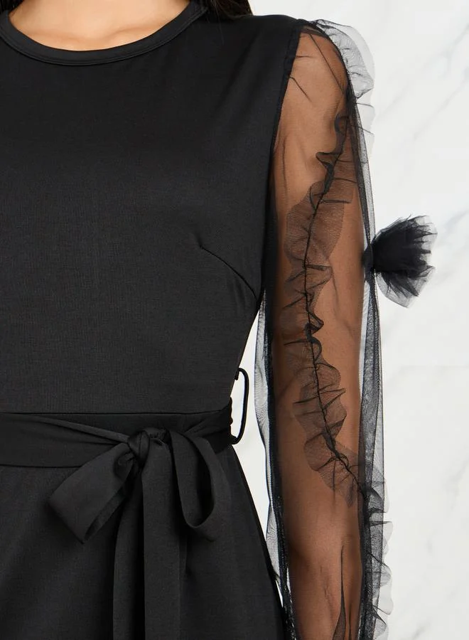 تايك تو Floral Applique Mesh Sleeves Bodycon Midi Dress with Self Tie Up
