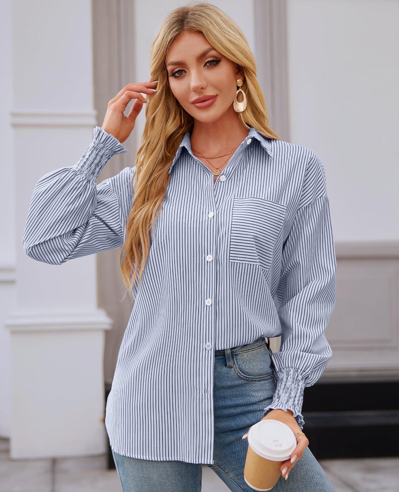 Gleeivy Plus Size Button Down Shirts for Women 2025 Fall Fashion Oversized Blue and White Striped Shirt with Pocket Smocked Tops Button Up Dressy Blouse Office Professional Work Blue and White XL - Image 2
