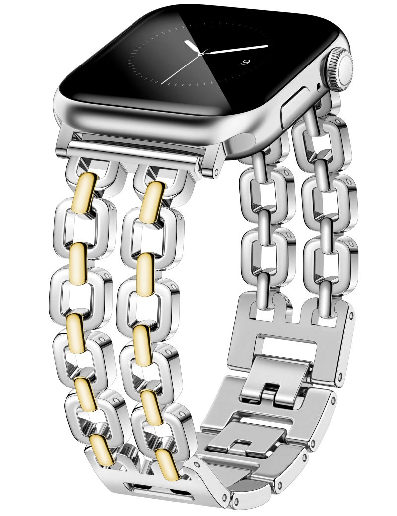 Newlibery Silver Gold Watch Bands for Women Compatible with Apple Watch 38mm 40mm 41mm 42mm (S10/11) Adjustable Metal Strap Dressy Pretty Chain Bracelet for iWatch Series 11/10/9/8/7/6/5/4/SE/3/2/1 - Image 1