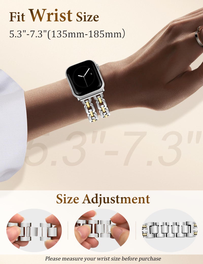 Newlibery Silver Gold Watch Bands for Women Compatible with Apple Watch 38mm 40mm 41mm 42mm (S10/11) Adjustable Metal Strap Dressy Pretty Chain Bracelet for iWatch Series 11/10/9/8/7/6/5/4/SE/3/2/1 - Image 5