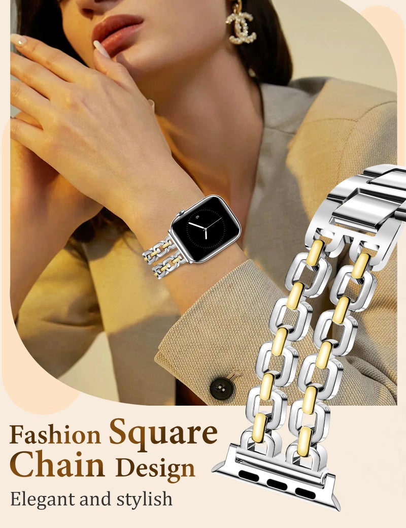 Newlibery Silver Gold Watch Bands for Women Compatible with Apple Watch 38mm 40mm 41mm 42mm (S10/11) Adjustable Metal Strap Dressy Pretty Chain Bracelet for iWatch Series 11/10/9/8/7/6/5/4/SE/3/2/1 - Image 3