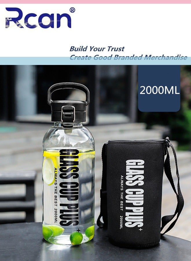 Rcan Glass Water Bottle 2000ML Portable Glass Drinking Bottle With Handle And Tea Leaks With Protection Sleeve BPA Free - Image 1