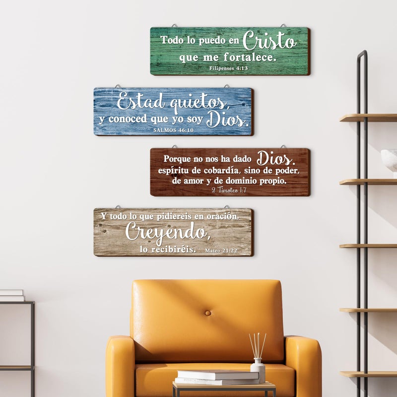 Yousoontic 4 Pieces Spanish Bible Verses Wall Decor Christian Spanish Wood Plaque Hanging Sign Religious Wall Decor Bible Verses Art for Home Office Farmhouse Kitchen(Country Style) - Image 2
