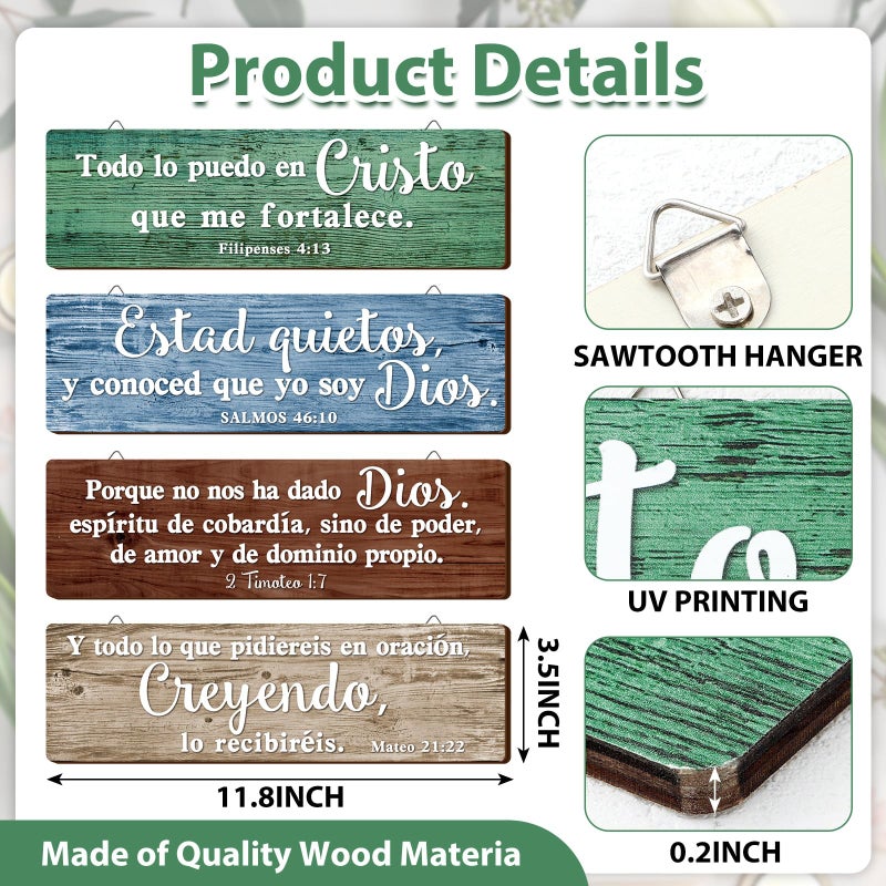 Yousoontic 4 Pieces Spanish Bible Verses Wall Decor Christian Spanish Wood Plaque Hanging Sign Religious Wall Decor Bible Verses Art for Home Office Farmhouse Kitchen(Country Style) - Image 3