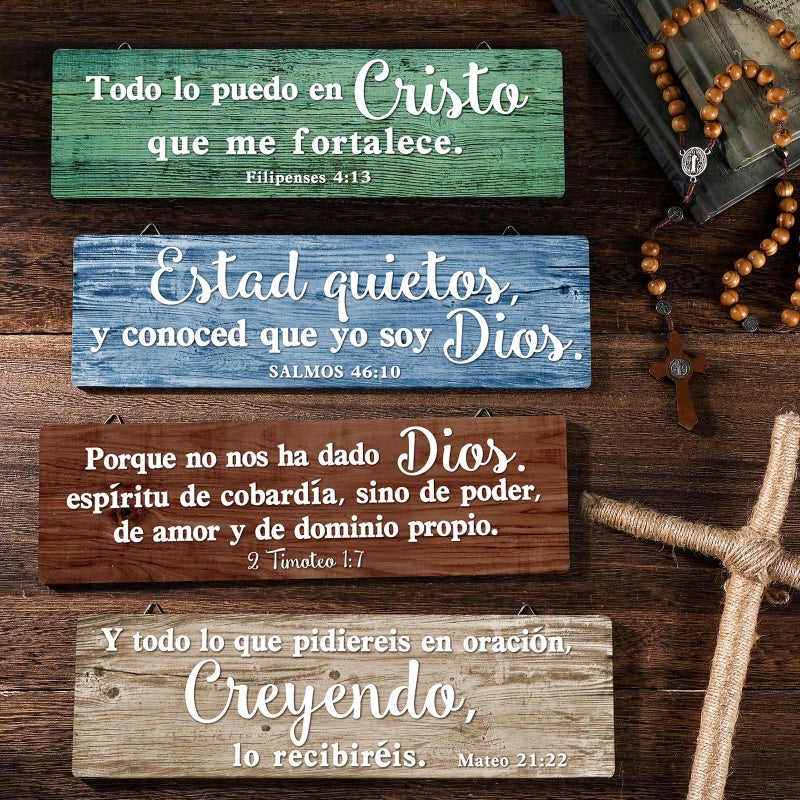 Yousoontic 4 Pieces Spanish Bible Verses Wall Decor Christian Spanish Wood Plaque Hanging Sign Religious Wall Decor Bible Verses Art for Home Office Farmhouse Kitchen(Country Style) - Image 4