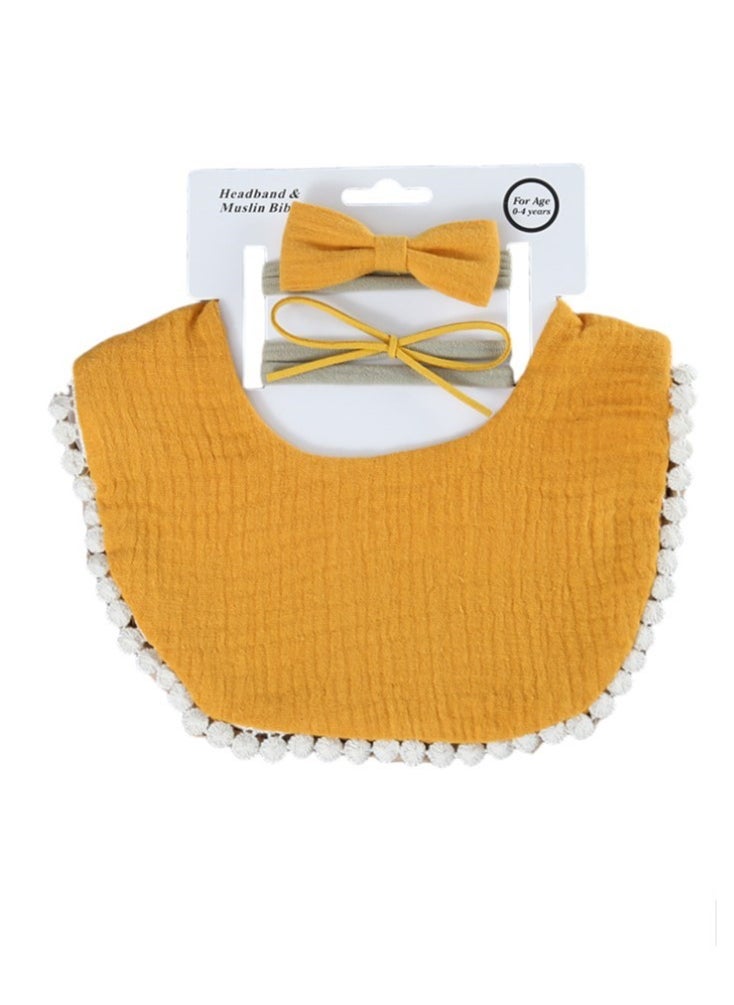 Bambimici Bambimici -Sophia  Set of Baby Bib and Ribbon Headband - Mustard Yellow 