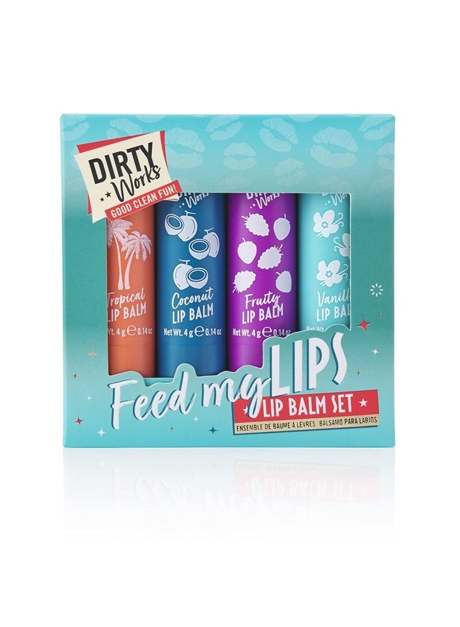 DIRTY Works Feed My Lips, Lip Balm Set, 4 x 4g Nourishing, Hydrating Lip Salve Tubes Gift Set, Variaty of Fruity and Flavours - Image 1