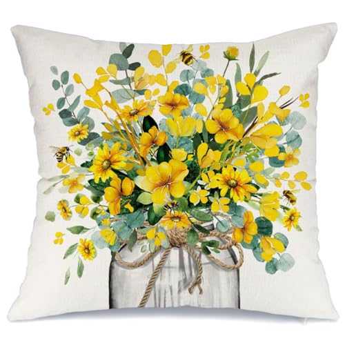 AACORS Spring Pillow Cover 18x18 Inch Eucalyptus Flowers Decor Vase Bee Farmhouse Summer Pillow Case Decorations for Home Sofa Couch AA50918 - Image 1