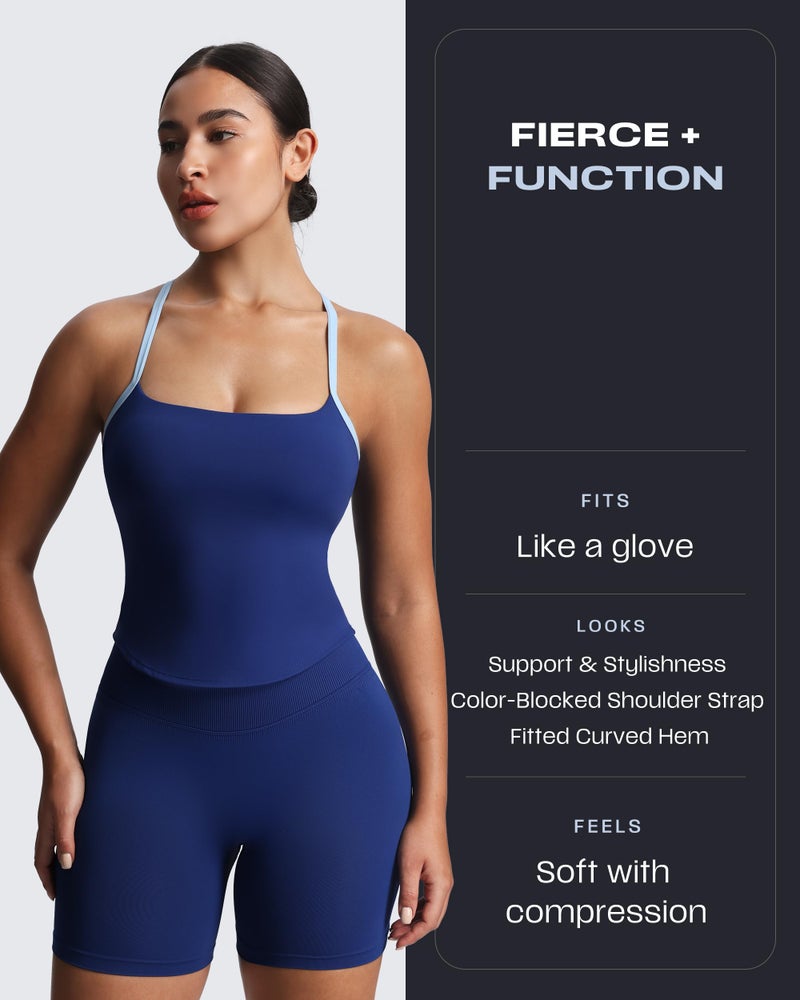 Aoxjox Women's Workout Sleeveless Color Block Lexi Tank Tops Contrasting Strap Cross Back Yoga Curve Longline Crop Top (Bellwether Blue/Airy Blue, Small) - Image 2