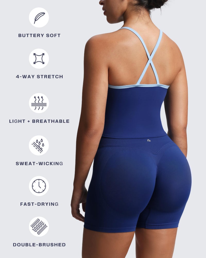 Aoxjox Women's Workout Sleeveless Color Block Lexi Tank Tops Contrasting Strap Cross Back Yoga Curve Longline Crop Top (Bellwether Blue/Airy Blue, Small) - Image 4