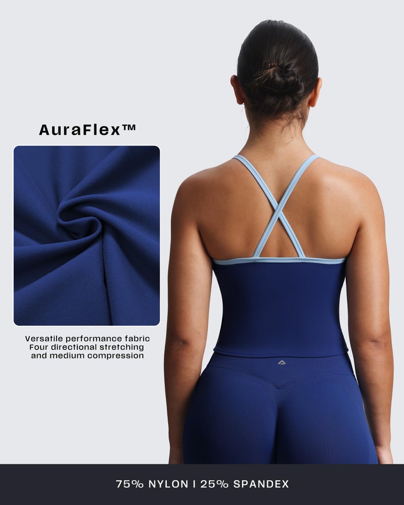 Aoxjox Women's Workout Sleeveless Color Block Lexi Tank Tops Contrasting Strap Cross Back Yoga Curve Longline Crop Top (Bellwether Blue/Airy Blue, Small) - Image 3