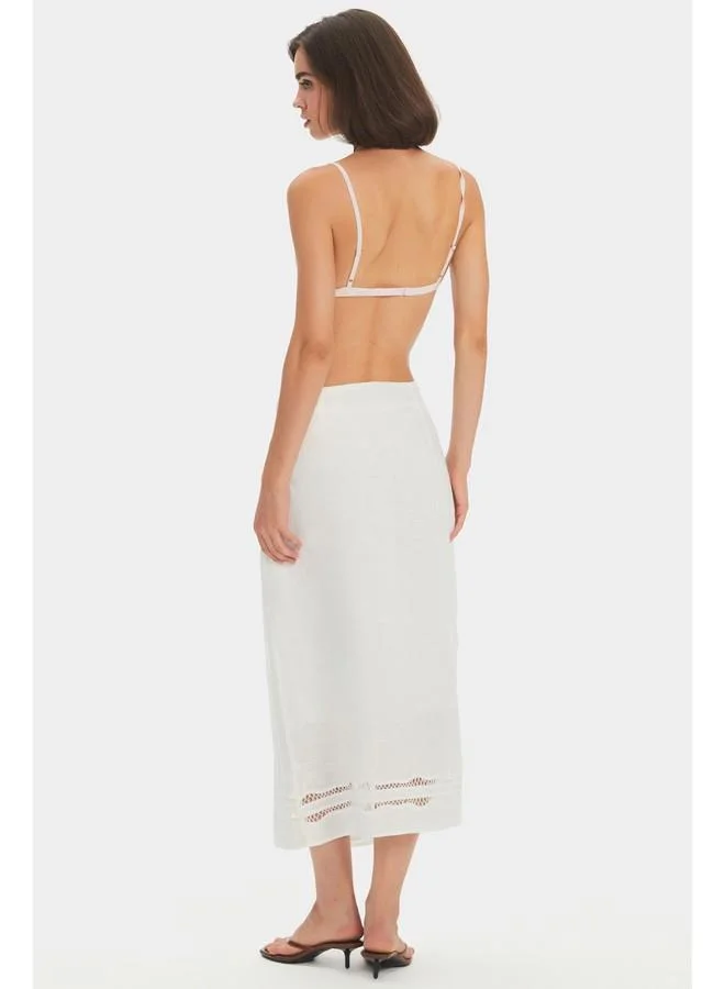 JUNE June Women Exclusive 100% Linen Double Breasted Closure Midi Skirt White