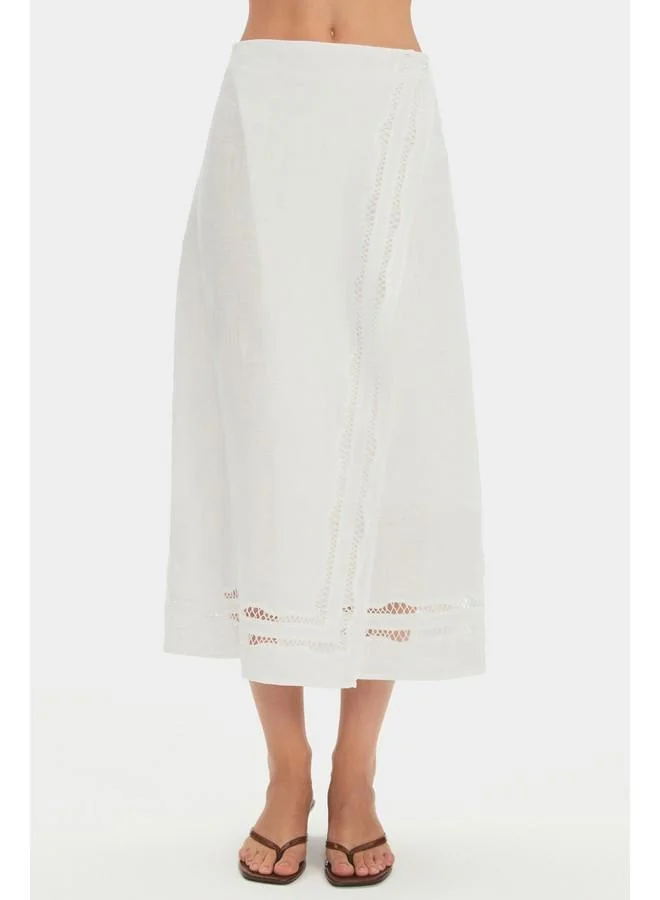 JUNE June Women Exclusive 100% Linen Double Breasted Closure Midi Skirt White