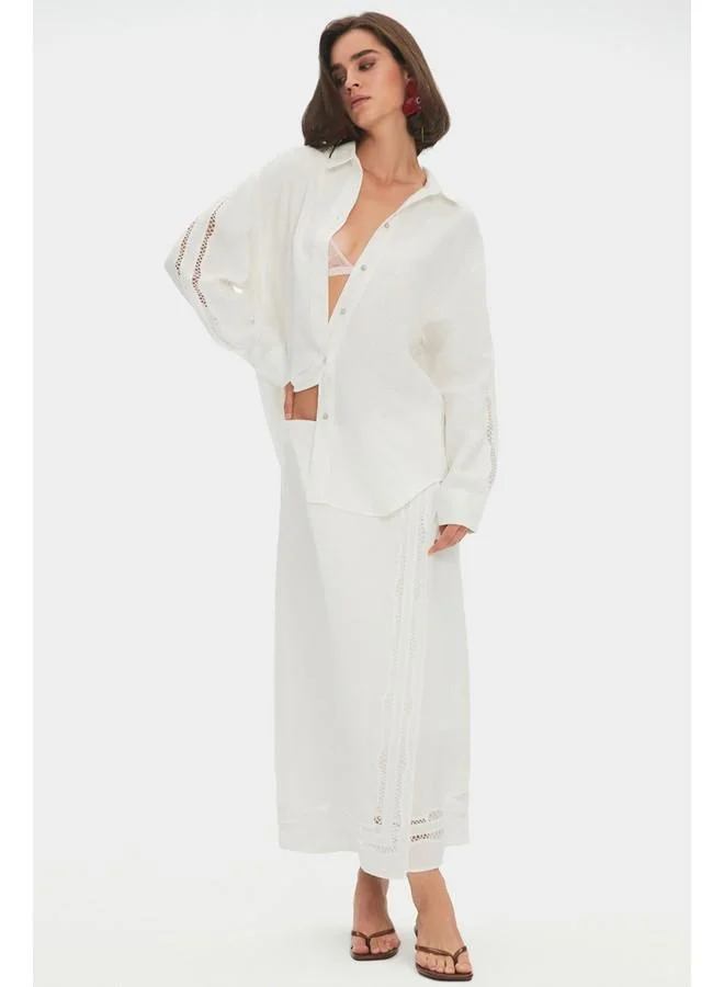 JUNE June Women Exclusive 100% Linen Double Breasted Closure Midi Skirt White