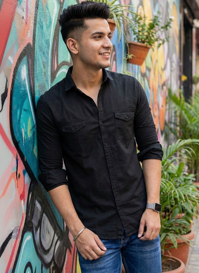 BADLAND Men Classic Casual Shirt - Black Solid Opaque - Image 1