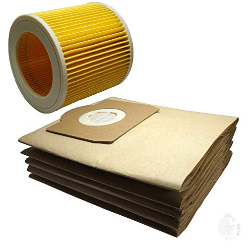 RODAK Cartridge Filter And 5 Paper Filter Dust Bags Compatible With WD3, MV3, WD 3.200 Vacuum Cleaner, Imported - Image 1