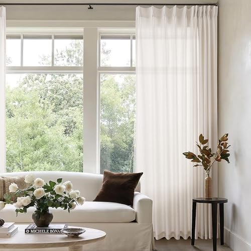 DUKIYO Pinch Pleated Extra Wide Linen Curtains 84 Inches Long for Patio Sliding Glass Door Cream Ivory 72 Inch Wide Pleated Drapes with Hooks Rings Neutral Natural Semi Sheer 72x84 Curtain for Living Room - Image 5