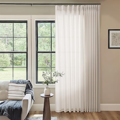 DUKIYO Pinch Pleated Extra Wide Linen Curtains 84 Inches Long for Patio Sliding Glass Door Cream Ivory 72 Inch Wide Pleated Drapes with Hooks Rings Neutral Natural Semi Sheer 72x84 Curtain for Living Room - Image 1