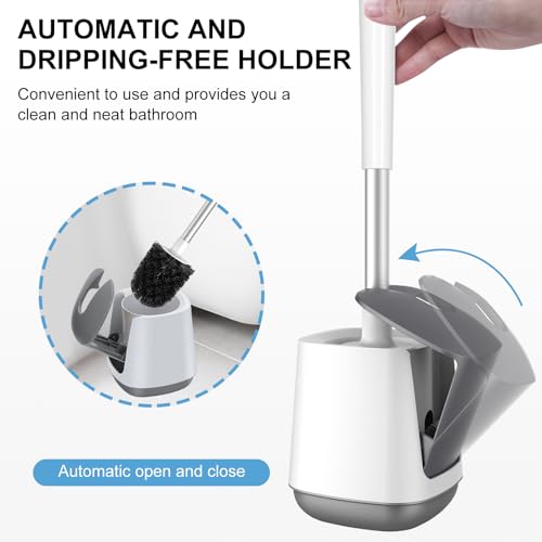 SetSail Toilet Brush and Holder, Self Closing Lid Toilet Bowl Brushes Holder and Extra Long Handle Ventilated Toilet Brush Set for Bathroom Cleaning, Nylon Bristles, White & Grey - Image 4