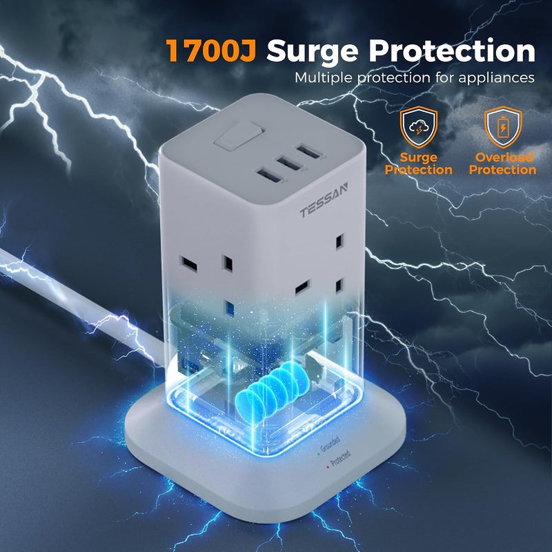 TESSAN Tower Extension Lead with 3 USB Slots, 8 Way Multi Plug Extension Tower, Surge Protection Extension Cord with Switch, Plug Socket Tower Power Strip with 2M Cable for Home, School Supplies - Image 3