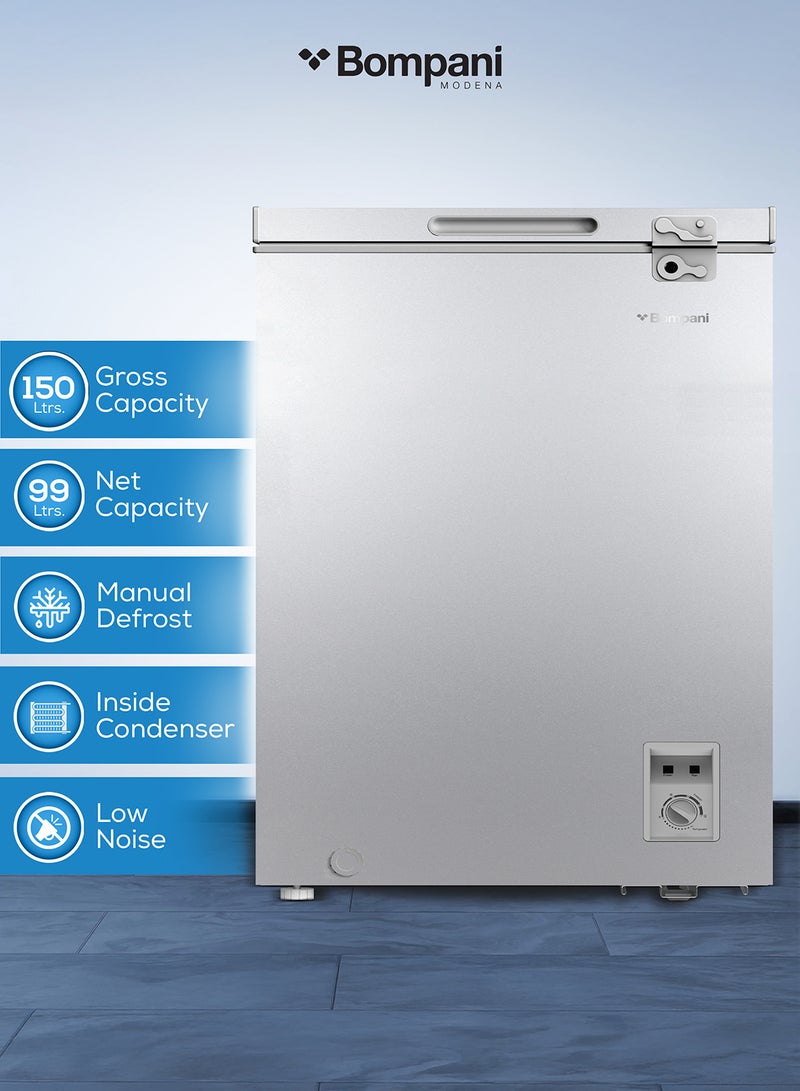 Bompani 150L Gross / 99L Net Capacity Chest Freezer, Convertible, Defrost, Lock & Key, 1x Basket, 220-240V, R600a Refrigerant 129 kg 400 W BOCF150I Silver - Image 1