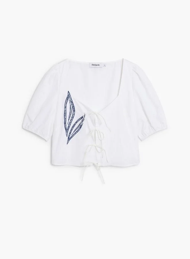 DESIGUAL White Embroidered Puff-Sleeve Blouse for Women | Best Price UAE