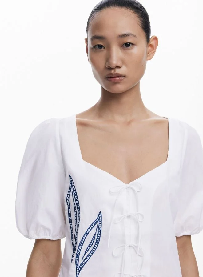DESIGUAL White Embroidered Puff-Sleeve Blouse for Women | Best Price UAE