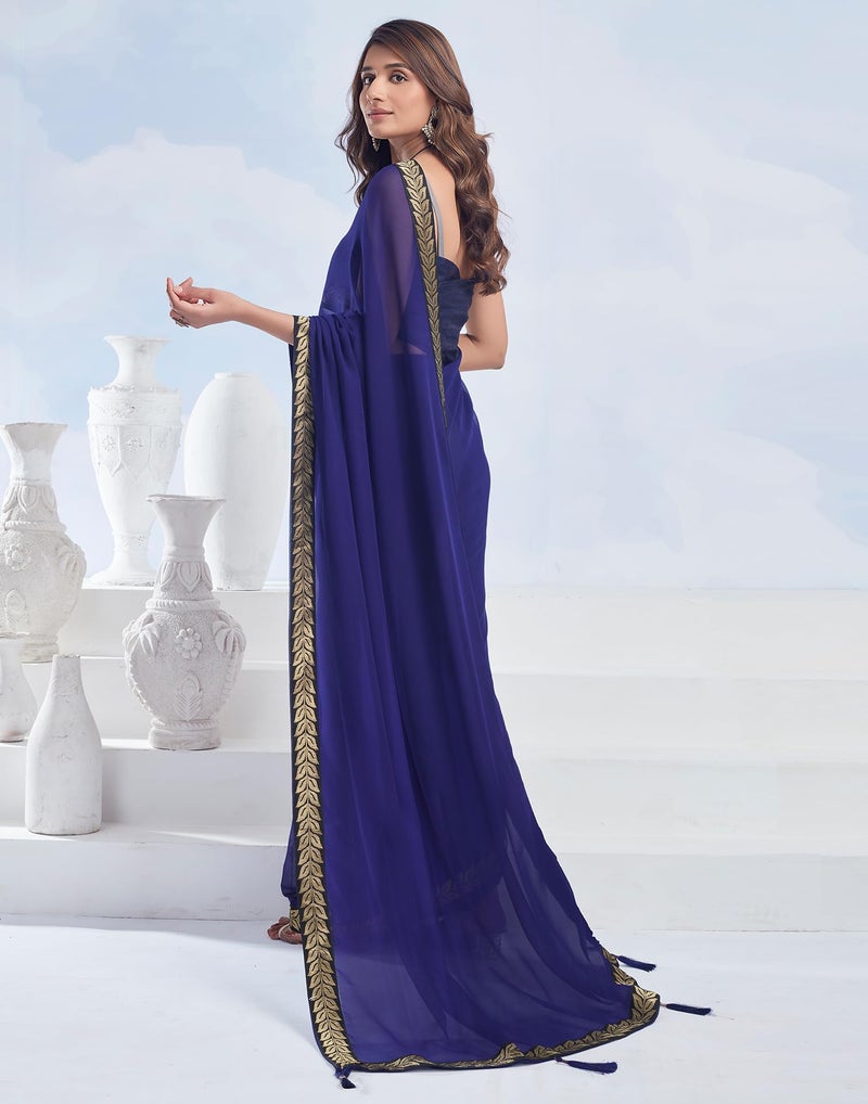 SIRIL Women's Georgette Lace Boarder Saree With Unstitched Blouse Piece (3736S2635_Dark Blue) - Image 4