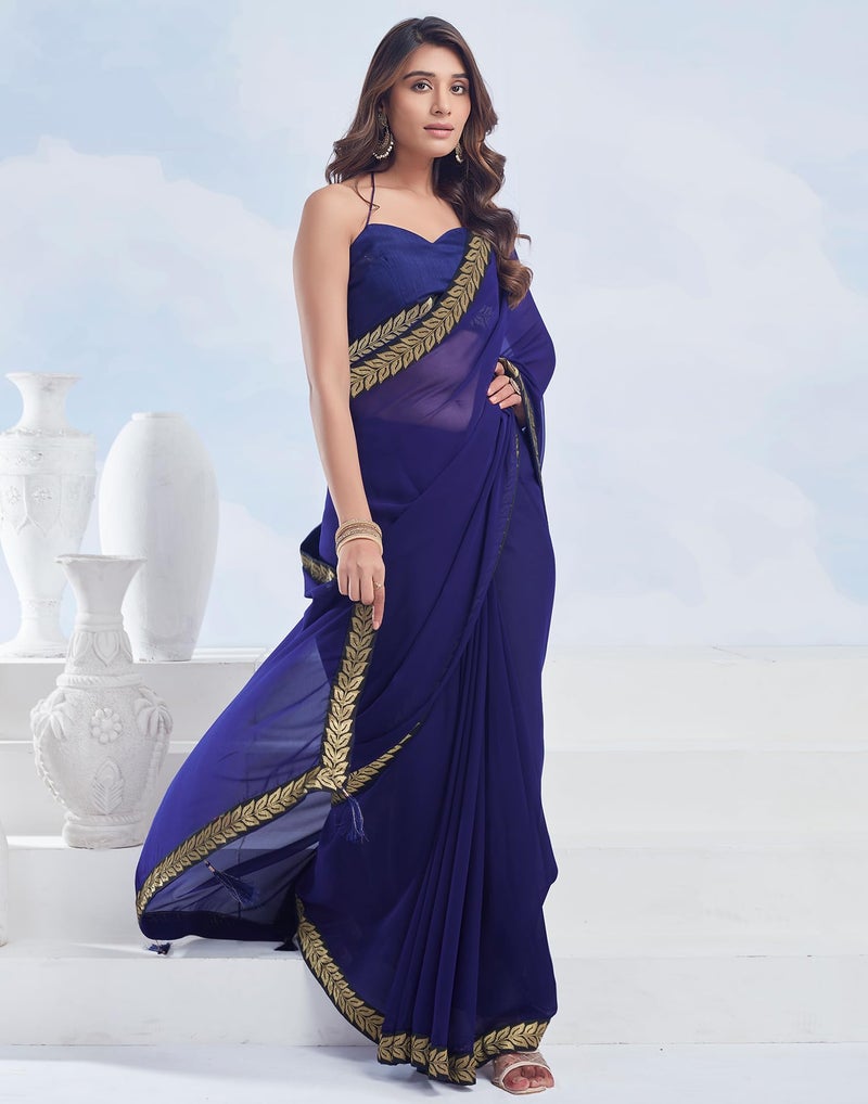 SIRIL Women's Georgette Lace Boarder Saree With Unstitched Blouse Piece (3736S2635_Dark Blue) - Image 3