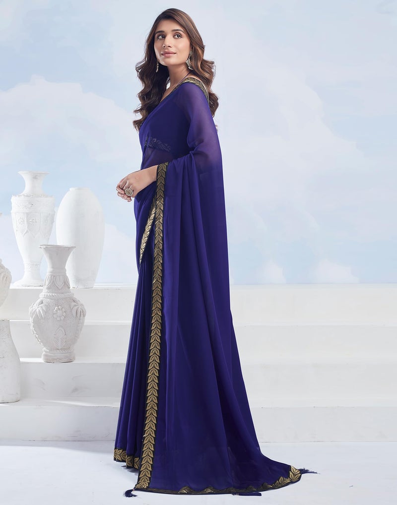 SIRIL Women's Georgette Lace Boarder Saree With Unstitched Blouse Piece (3736S2635_Dark Blue) - Image 2