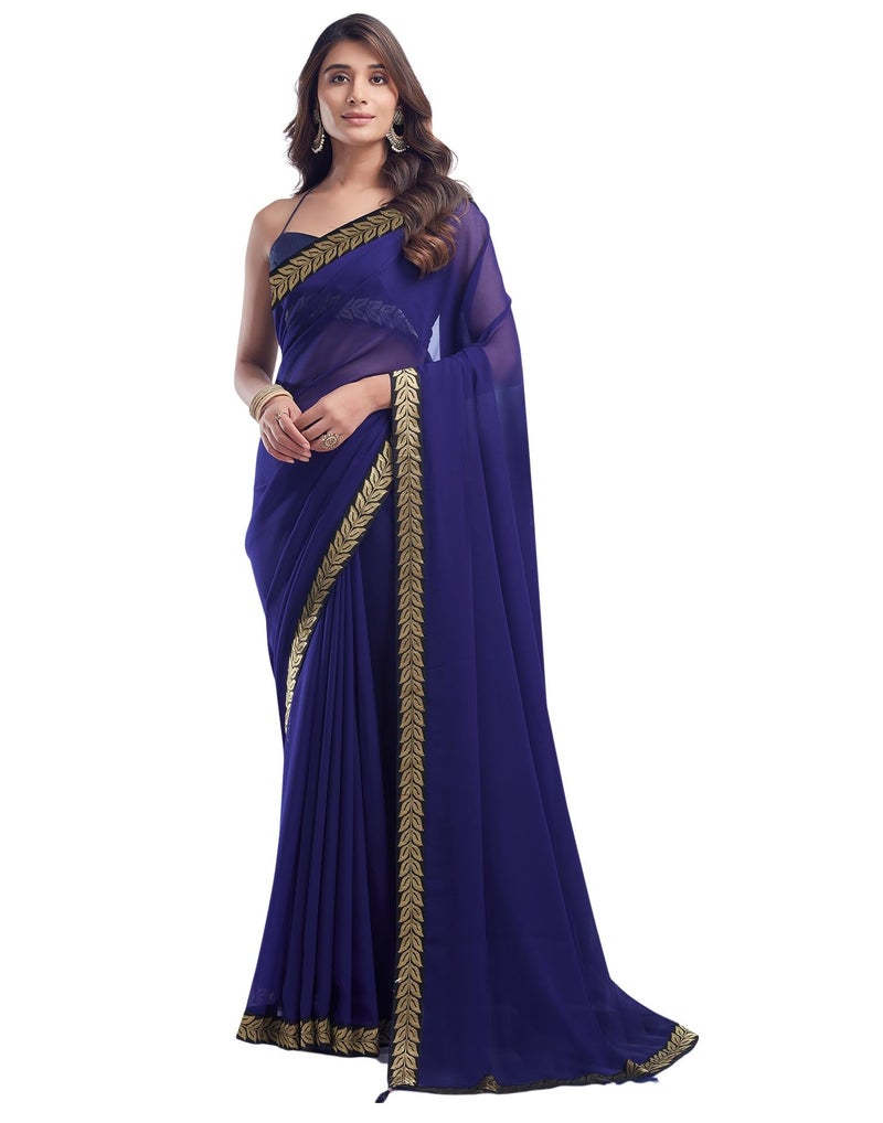 SIRIL Women's Georgette Lace Boarder Saree With Unstitched Blouse Piece (3736S2635_Dark Blue) - Image 1