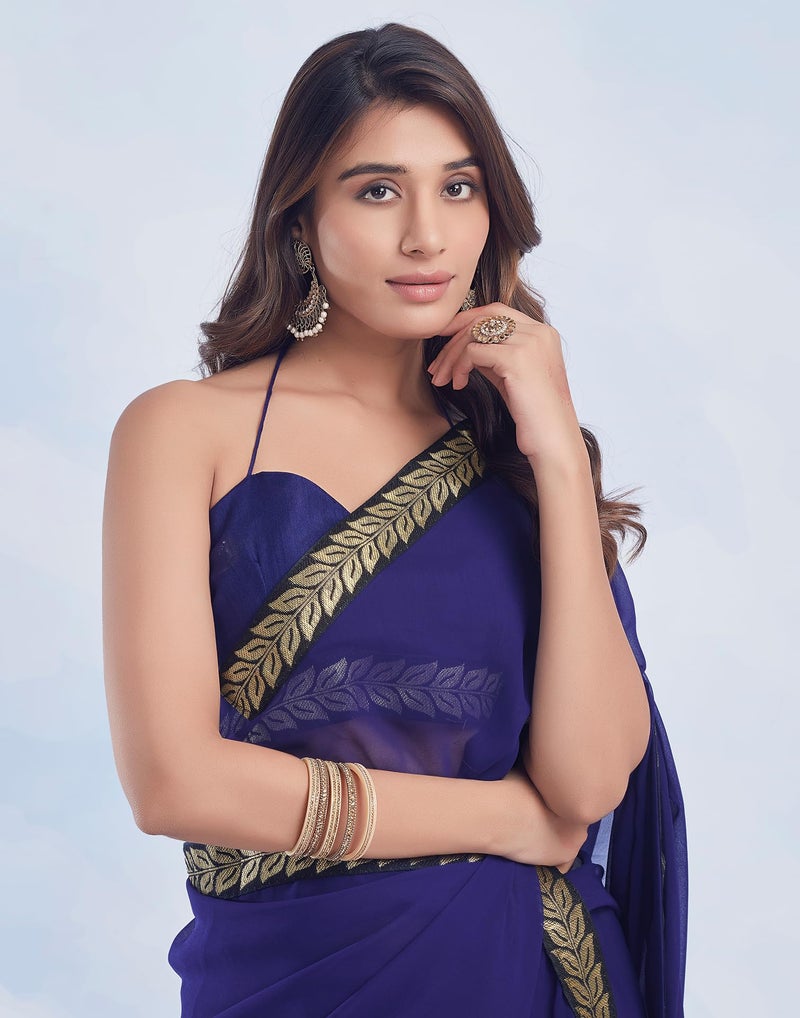 SIRIL Women's Georgette Lace Boarder Saree With Unstitched Blouse Piece (3736S2635_Dark Blue) - Image 5